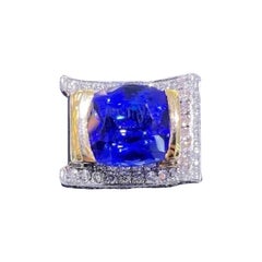 18K Yellow & White Gold Cushion Cut 13.44ct Tanzanite Diamond Underpass Ring