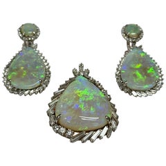 18 Karat White Gold Opal and Diamond Pendant & Earring Set