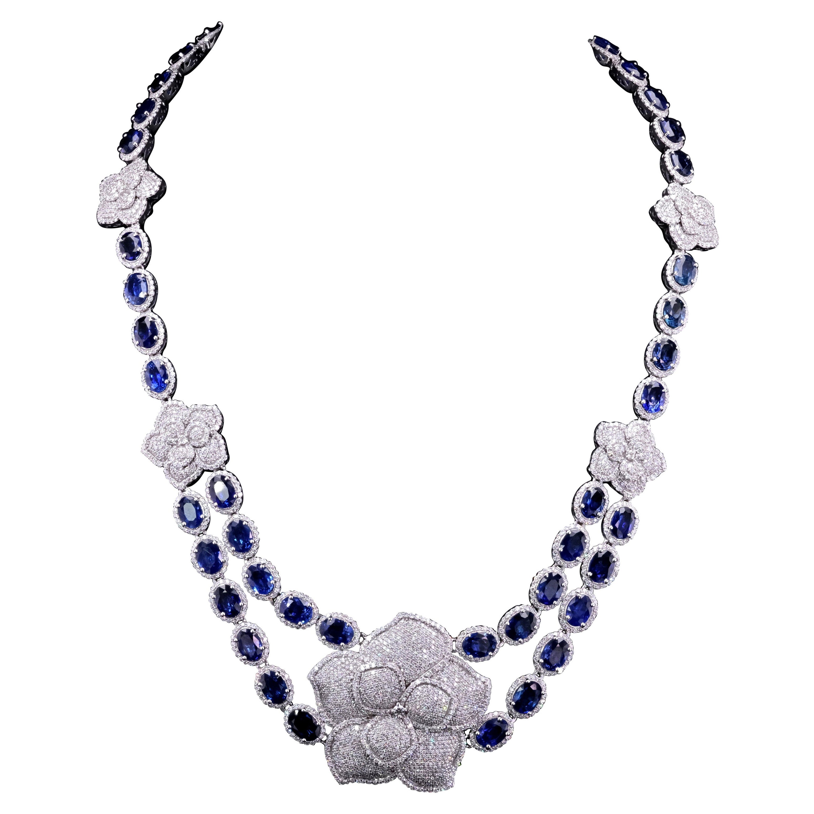 Natural Ceylon Sapphire and Diamond Floral Necklace in 14K White Gold For Sale