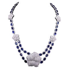 Natural Ceylon Sapphire and Diamond Floral Necklace in 14K White Gold