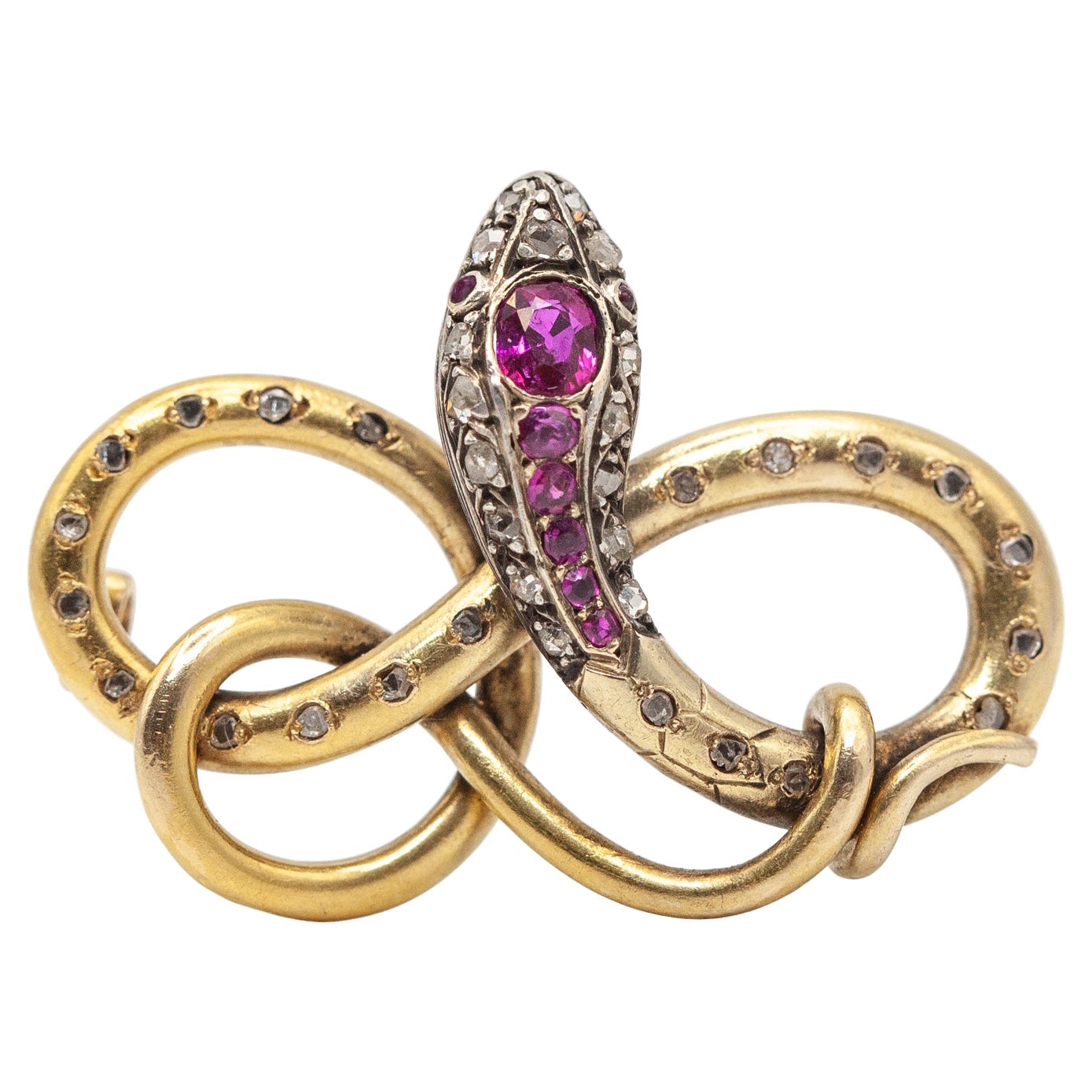 Victorian French 18K Yellow Gold Diamond Ruby Snake Brooch