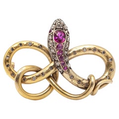 Spilla francese vittoriana in oro giallo 18 carati con diamante e rubino a forma di serpente