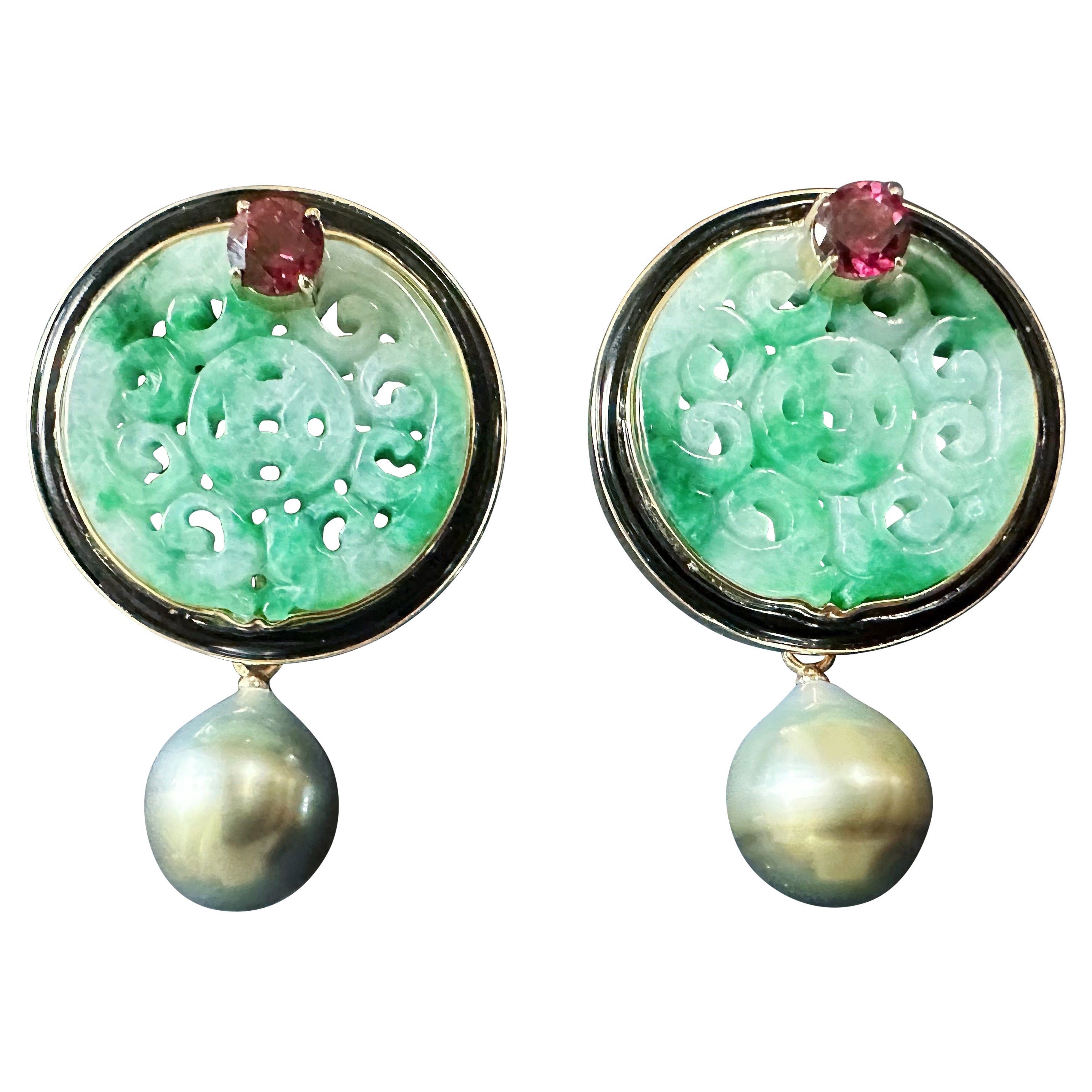 Natural Myanmar Green Jade Carved Earrings in 18K Gold and Black Agate & Pearl