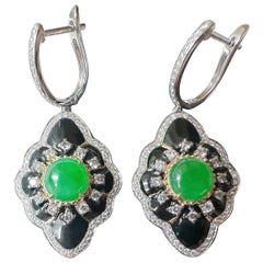 Natural Imperial Green Jade Cabochon Earrings in 18K Gold, Diamond & Black Agate