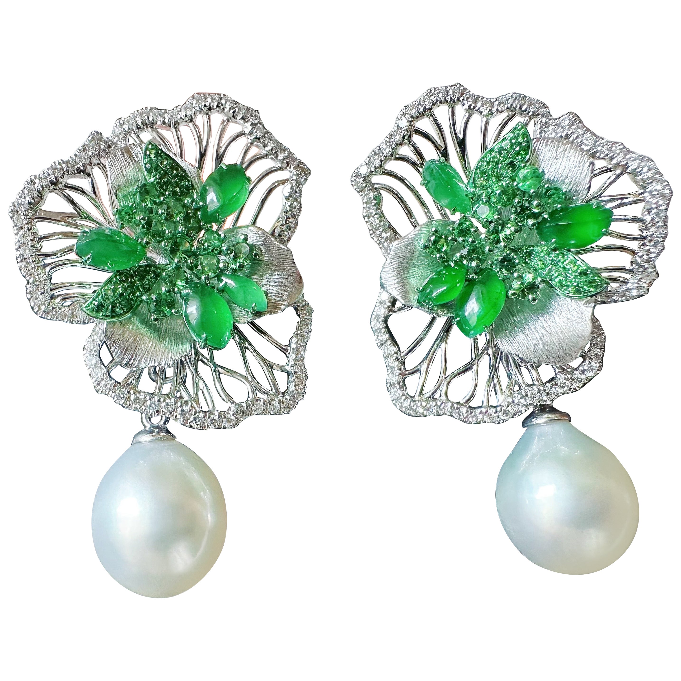 Artistic Imperial Green Jade Irregular Cabochon Earrings in 18K Gold & Diamond