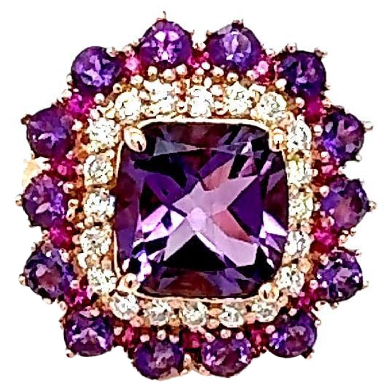 Cocktailring aus Roségold mit 5,67 Karat Amethyst und rosa Saphir im Kissenschliff mit Diamanten