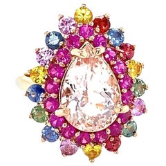 6.04 Carat Natural Pink Morganite Multi Color Sapphire Rose Gold Cocktail Ring