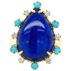 Anello Cocktail in Lapislazzuli Turchese e Diamanti in Oro Giallo da 8,35 Carati