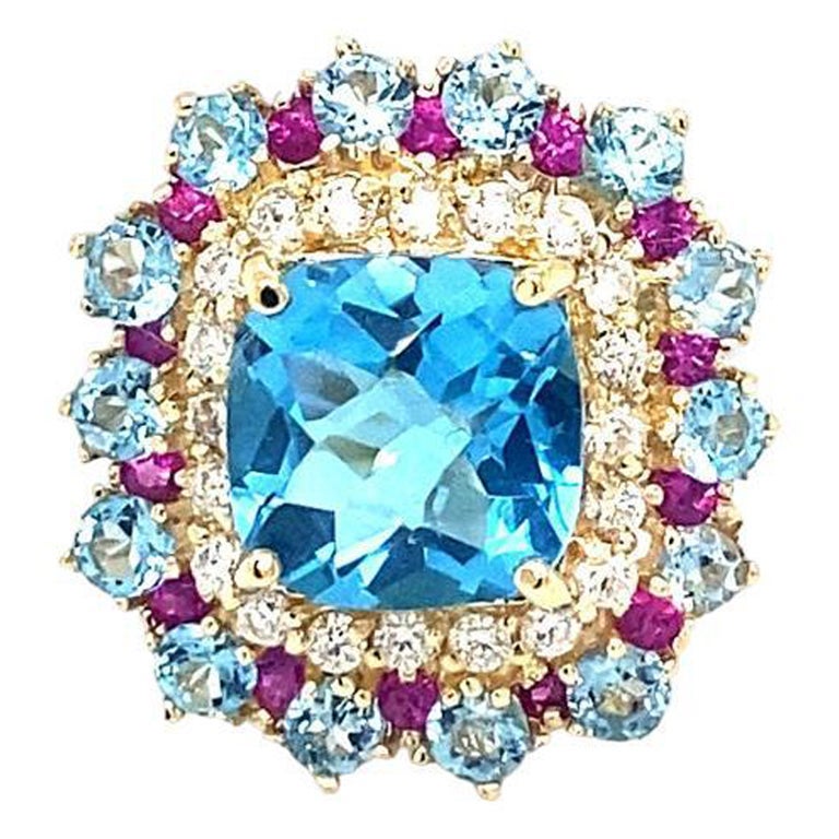 6.41 Karat Blauer Topas im Kissenschliff Saphir Diamant Gelbgold Cocktail-Ring
