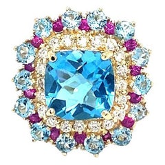 6.41 Karat Blauer Topas im Kissenschliff Saphir Diamant Gelbgold Cocktail-Ring