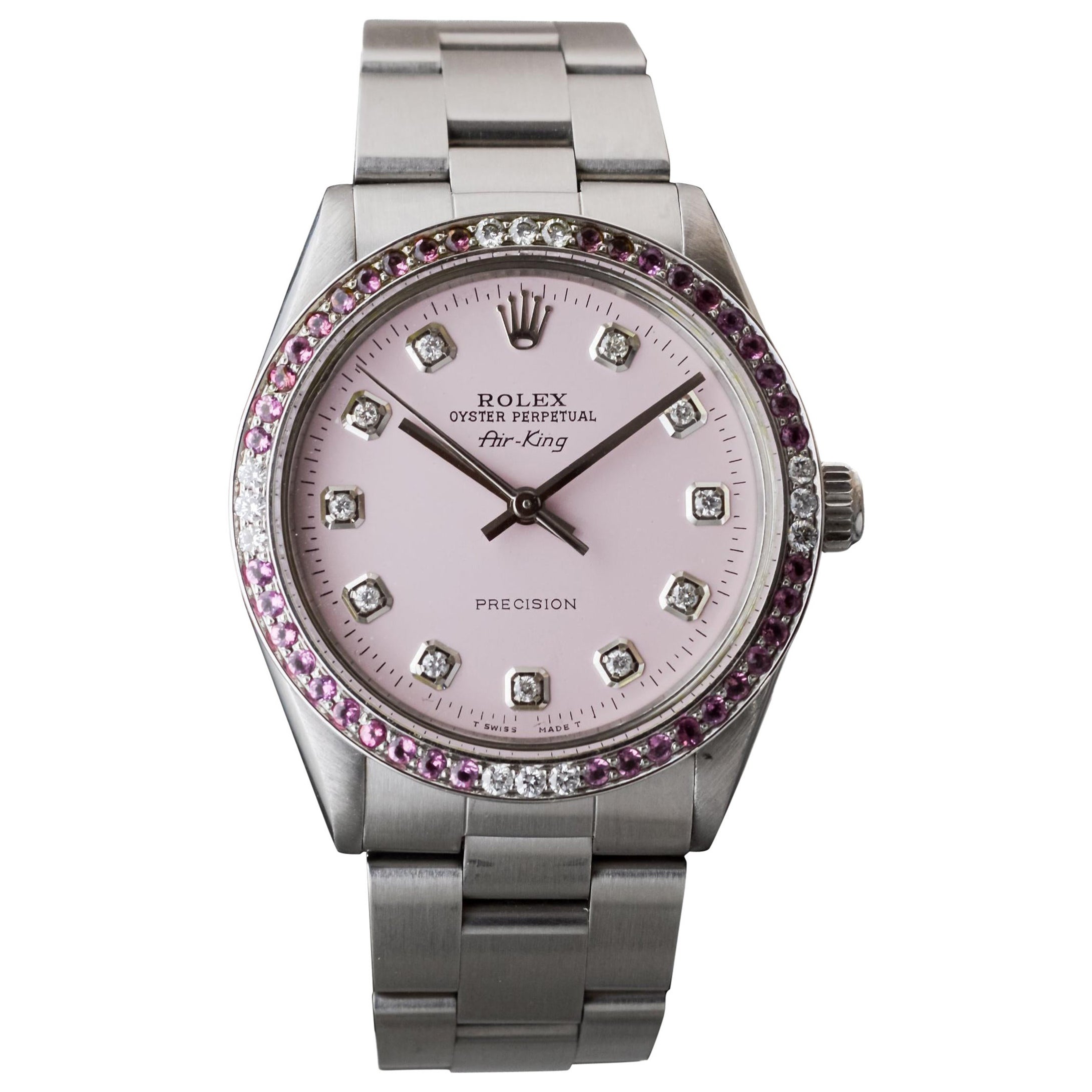 Rolex Air King en acier avec cadran en diamant rose et lunette en diamant 1970's