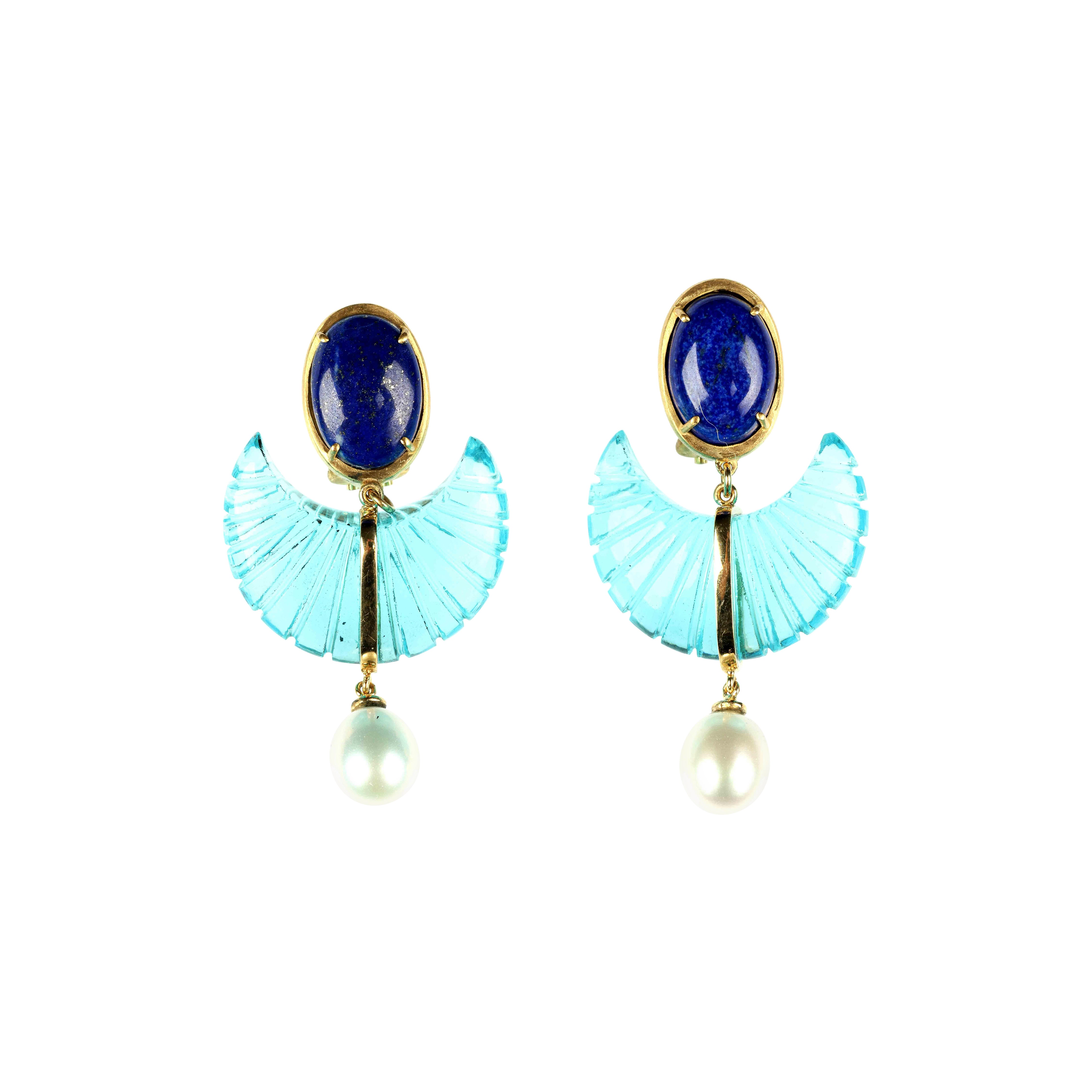 18k gold engraved Aquamarine and lapis lazuli earrings