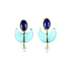 18k gold engraved Aquamarine and lapis lazuli earrings