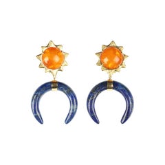 boucles d'oreilles ambre antique et lapis en or 18k