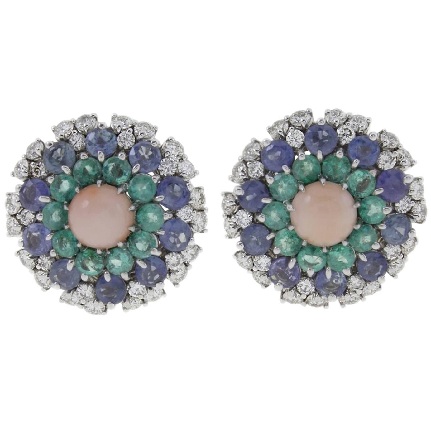 White Diamonds, Blue Sapphires, Emeralds, Pink Coral White Gold Stud Earrings For Sale