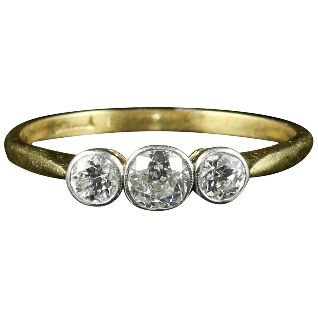 Antique Edwardian Three Stone Diamond Yellow Gold Platinum Ring, circa 1910