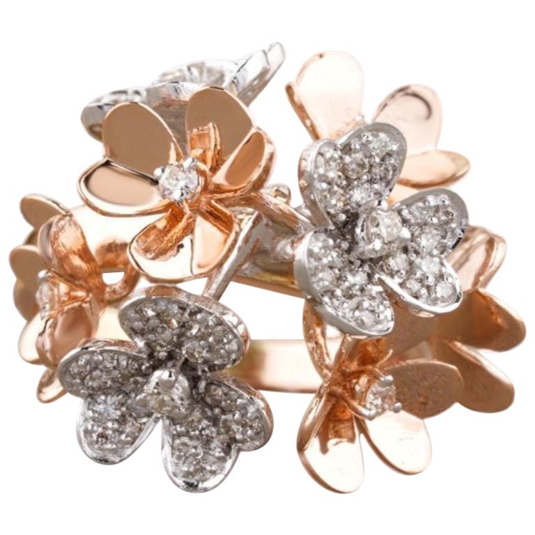 Flower Bunch Dual Tone Diamond Ring in 14K Solid Gold (Certified)