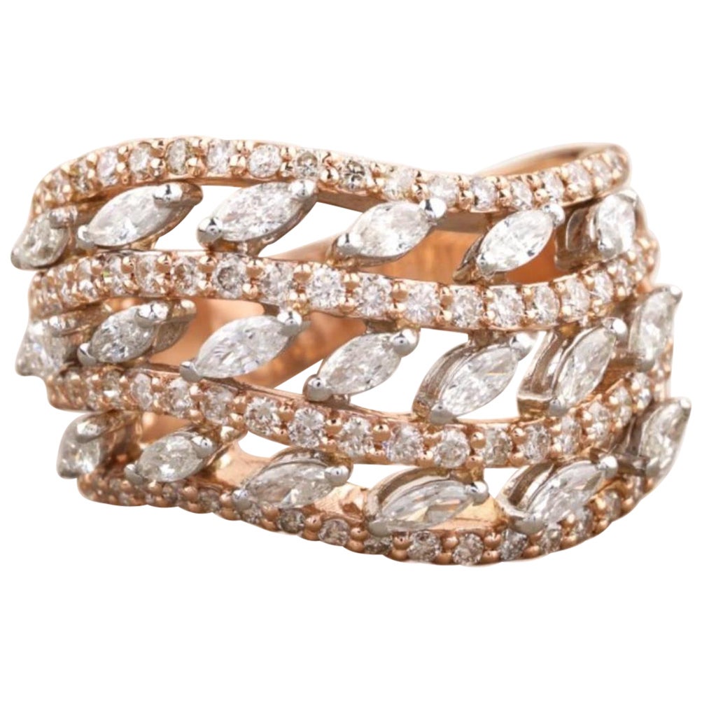 Fascia a onde con diamante marquise in oro massiccio 14 carati (certificato)