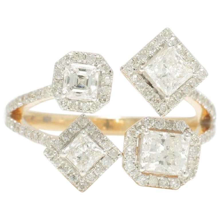 Halo Diamond Open Cuff Cocktail Ring in 14K Solid Gold (Certified)
