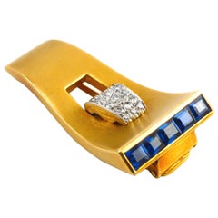 1940s 18k Gold Vintage Sapphire and Diamond Clip Brooch