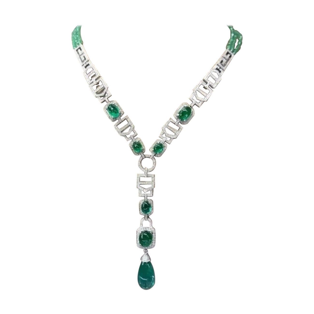 Certified 48.00 Carats Zambian Emeralds 7.60 Carats Diamonds 18k Gold Necklace
