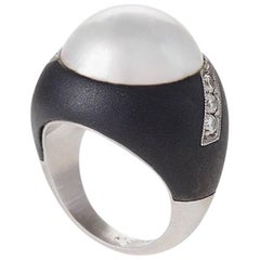 Marsh 1950's Century Pearl Diamond Patinated Steel Palladium Ring