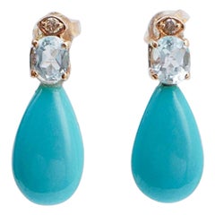 Aquamarine Colour Topazs, Turquoise, Diamonds, 14 Karat Rose Gold Earrings.