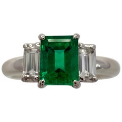1.02ct Fine Green Colombian Emerald & Baguette Diamond Platinum Three Stone Ring