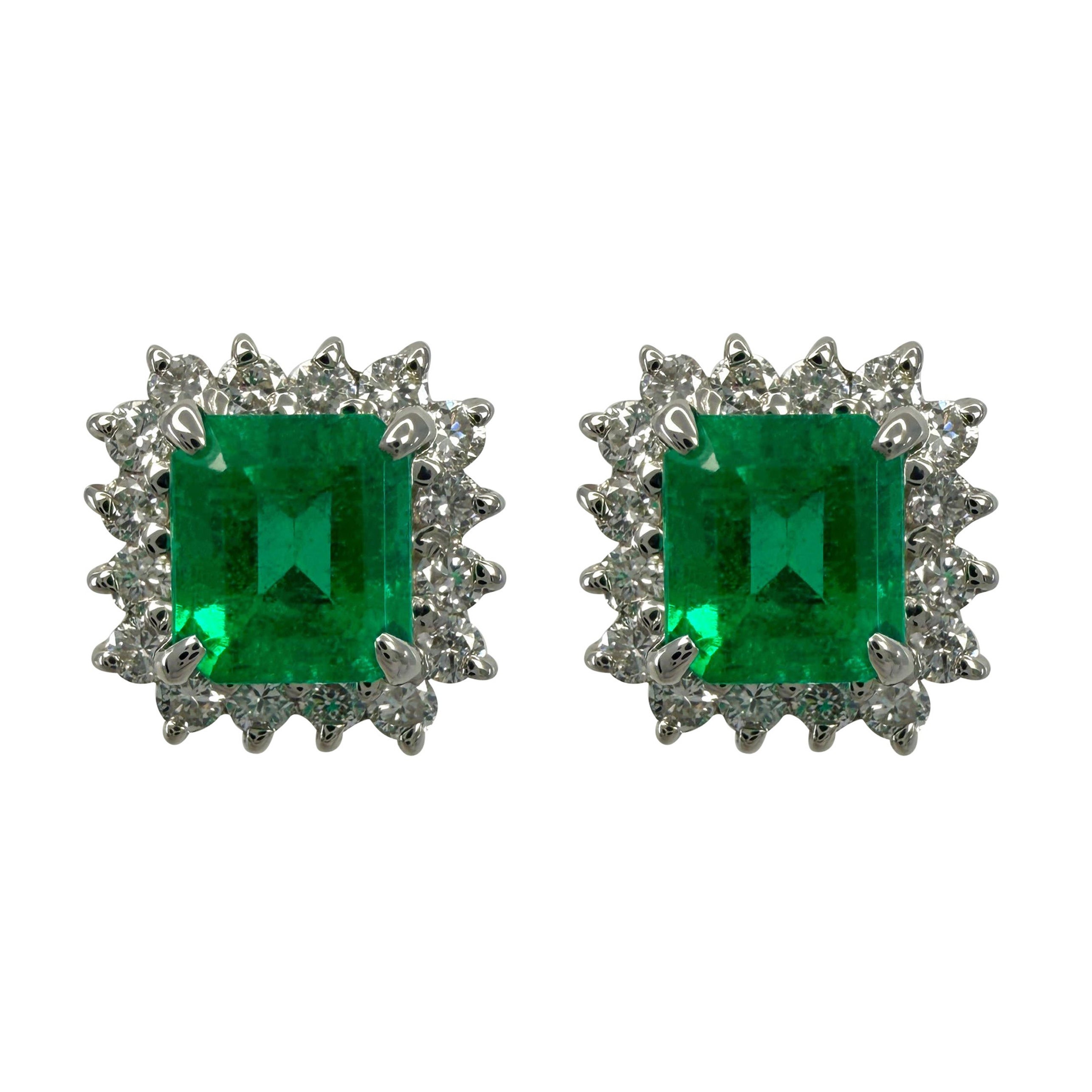 1.00ct Vivid Green Colombian Emerald & Diamond Platinum Halo Stud Earrings