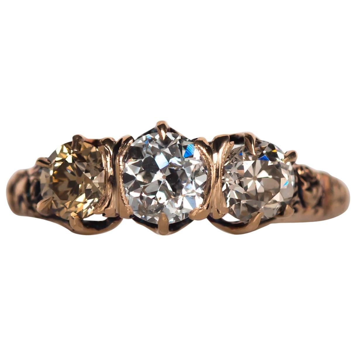 1870s Victorian GIA Certified Three Stone Diamond Rose Gold Engagement Ring