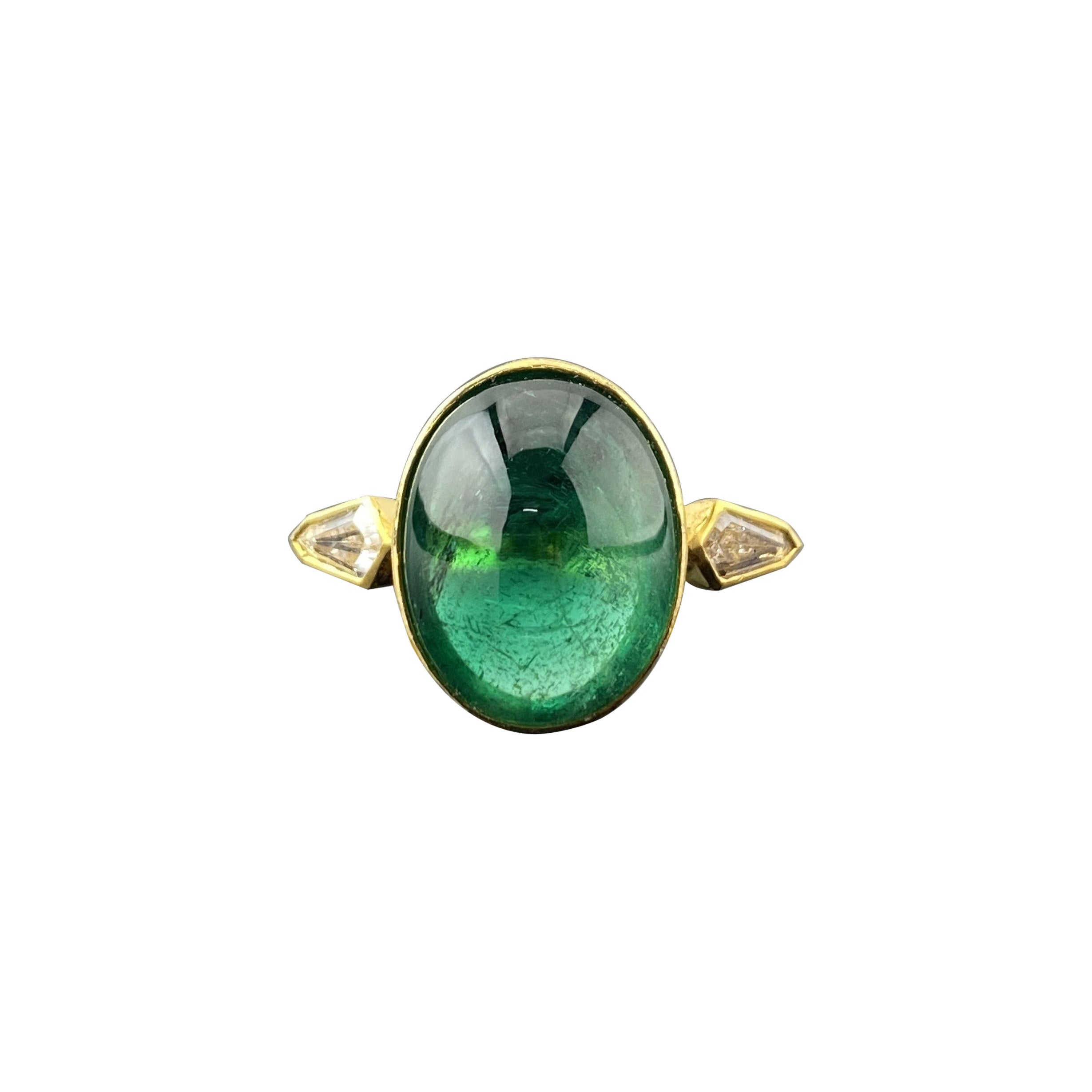 Certified 18K Yellow Gold Matt Finish Emerald Cabochon & Diamond Engagement Ring For Sale