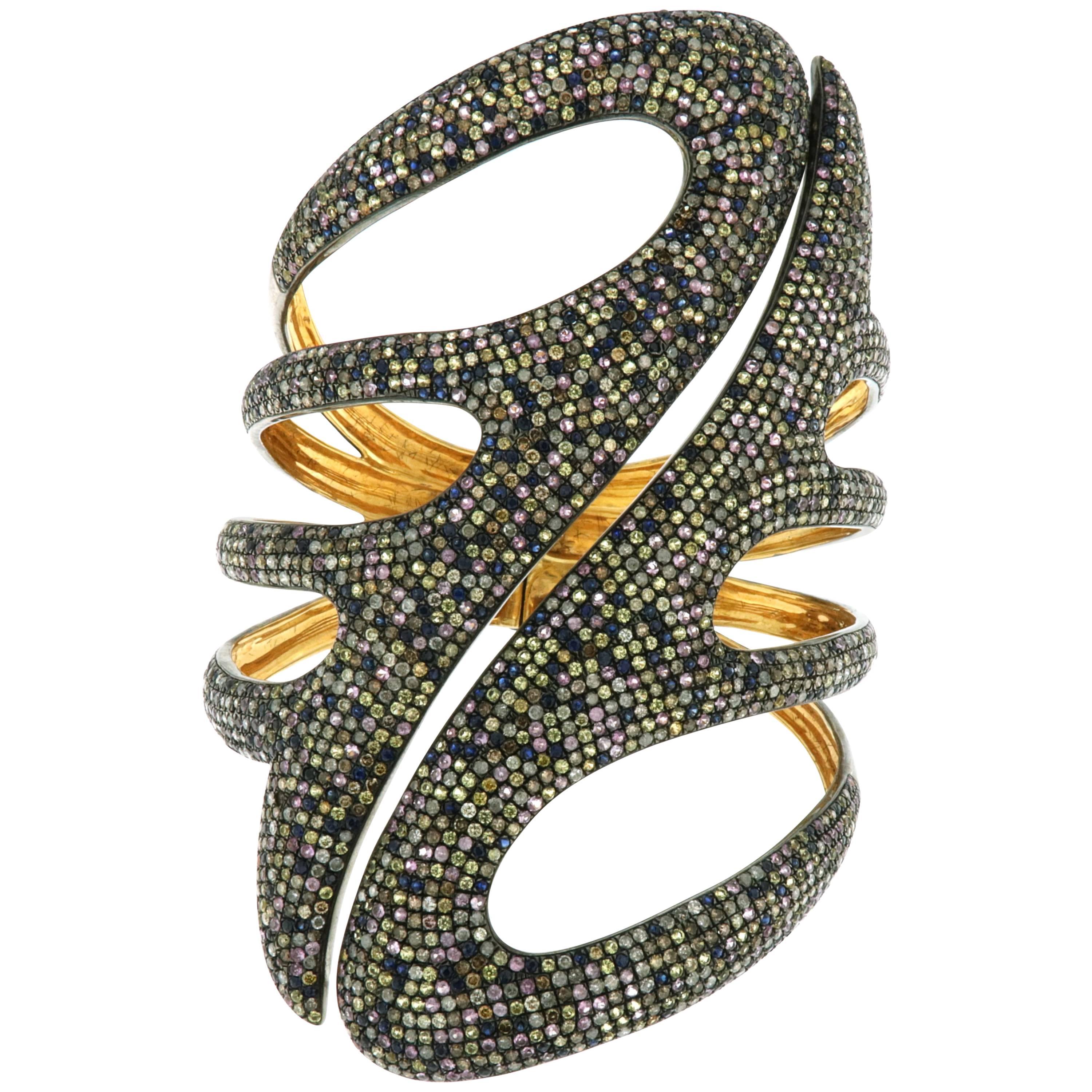 Multicolor Sapphire Diamond Gold Cuff Bracelet