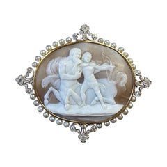 Chiron et Achille Centaure Broche Camée 24 Diamants Anciens Platine Perles