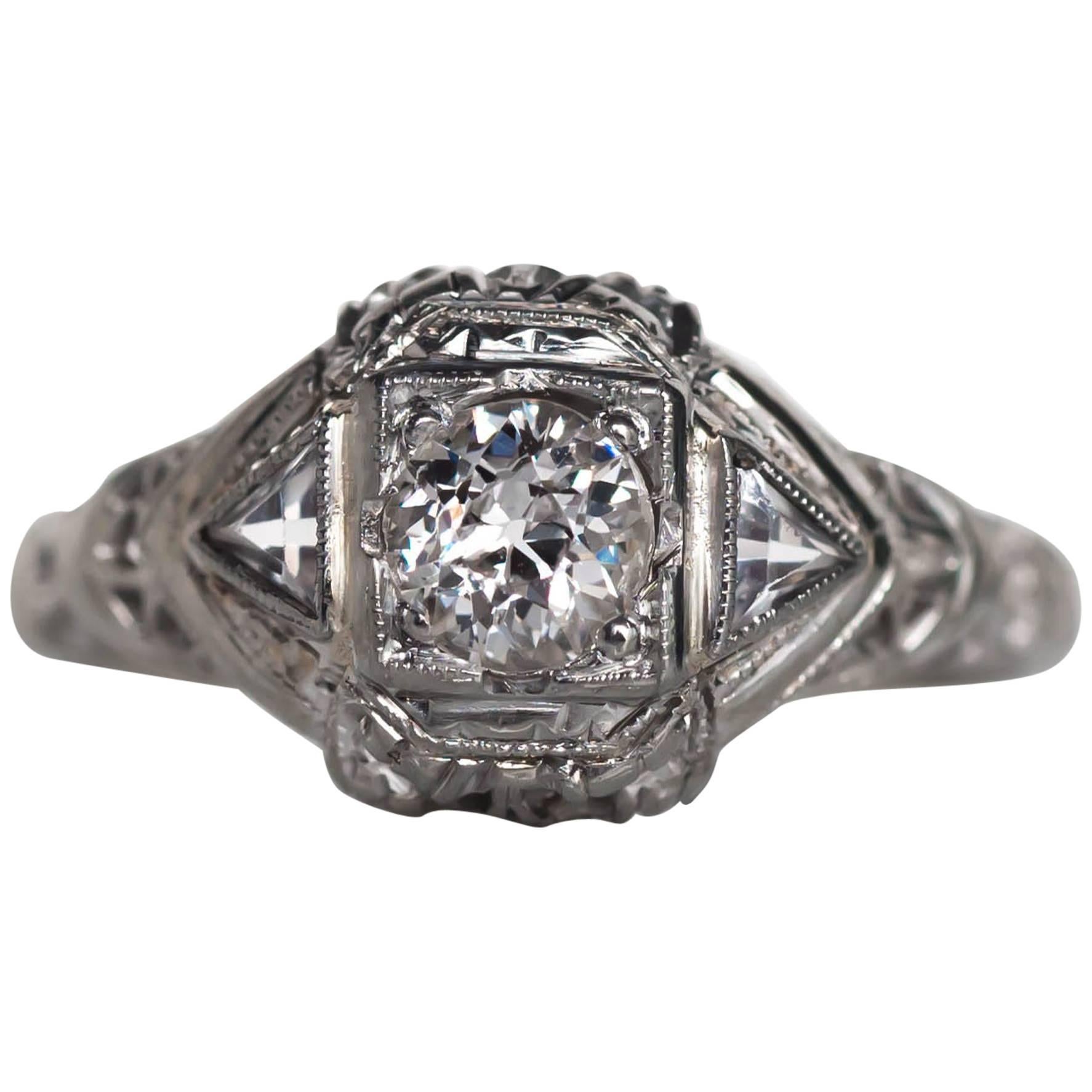 Bague de fiançailles Art déco des années 1930 en or blanc avec diamants de 0,35 carat certifiés par le GIA