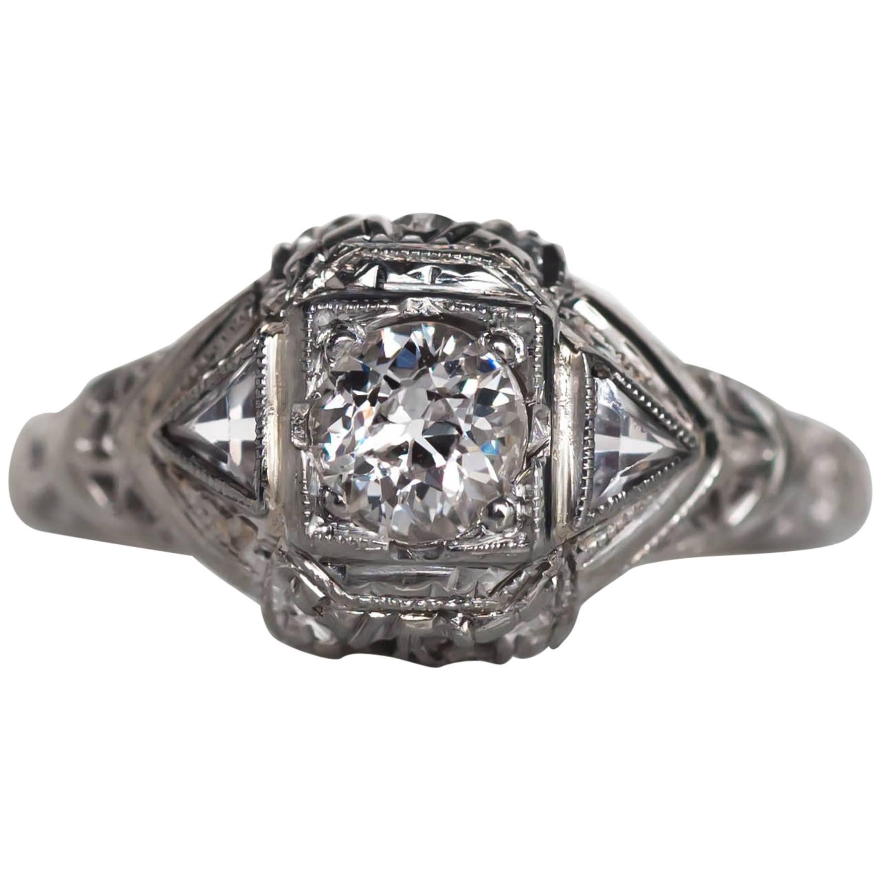 1930s Art Deco GIA Certified .35 Carat Diamond White Gold Engagement Ring For Sale