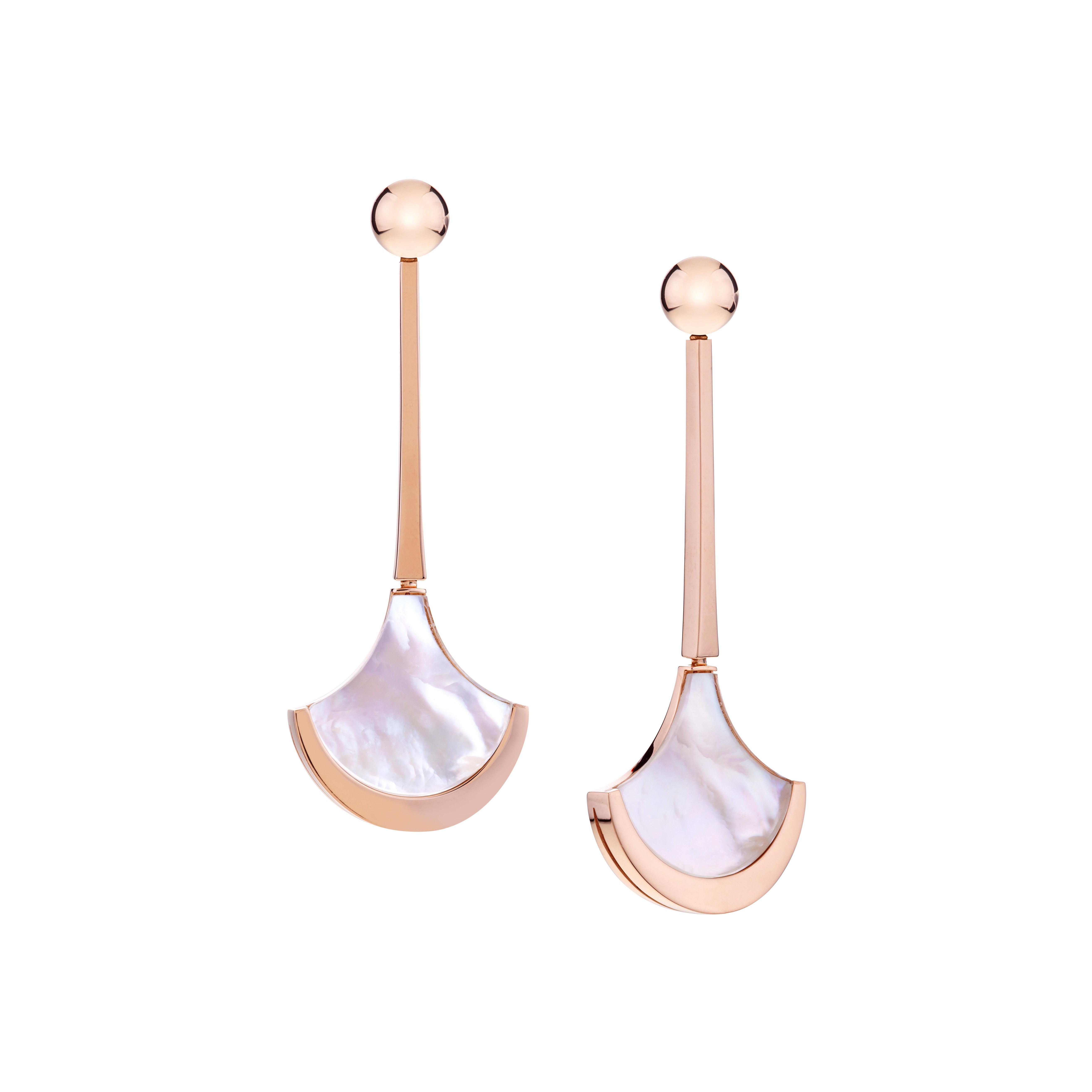 Earrings Rose Gold with Fan Shaped Mother of Pearl and Rock Crystal For Sale
