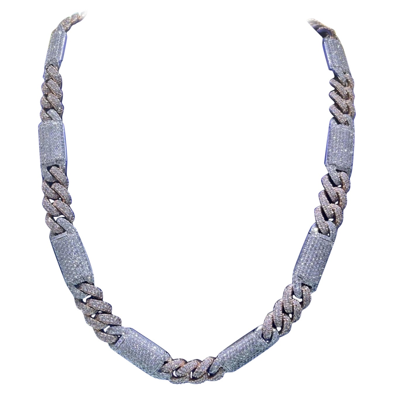 14k Solid Two-Tone Rose & White Gold Natural Diamond Miami Cuban Link Chain