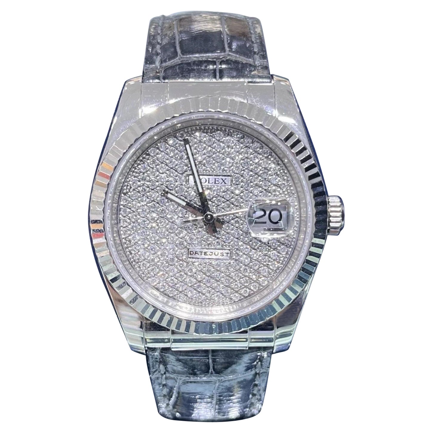 Rolex Datejust 36mm 18k White Gold 116139 Fluted Bezel Diamond Dial Leather Band