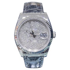 Rolex Datejust 36mm 18k White Gold 116139 Fluted Bezel Diamond Dial Leather Band