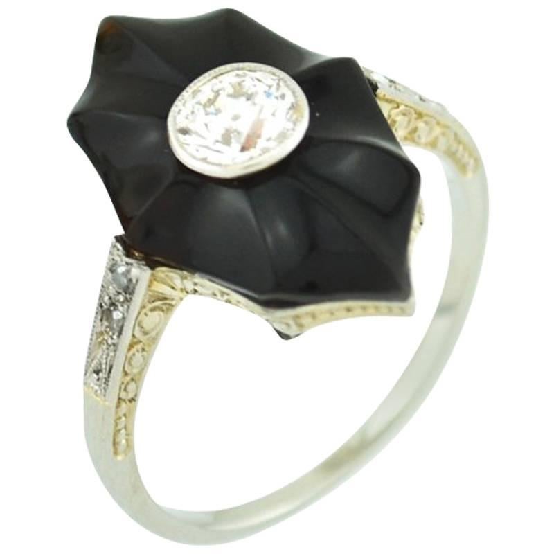 Art Deco Onyx and Diamond White Gold Ring For Sale