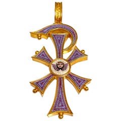 Antique Victorian Gold Micro Mosaic Cross Pendant C 1860