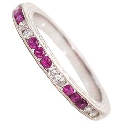 Retro 1950s Ruby Diamond Gold Etched Wedding Band Ring