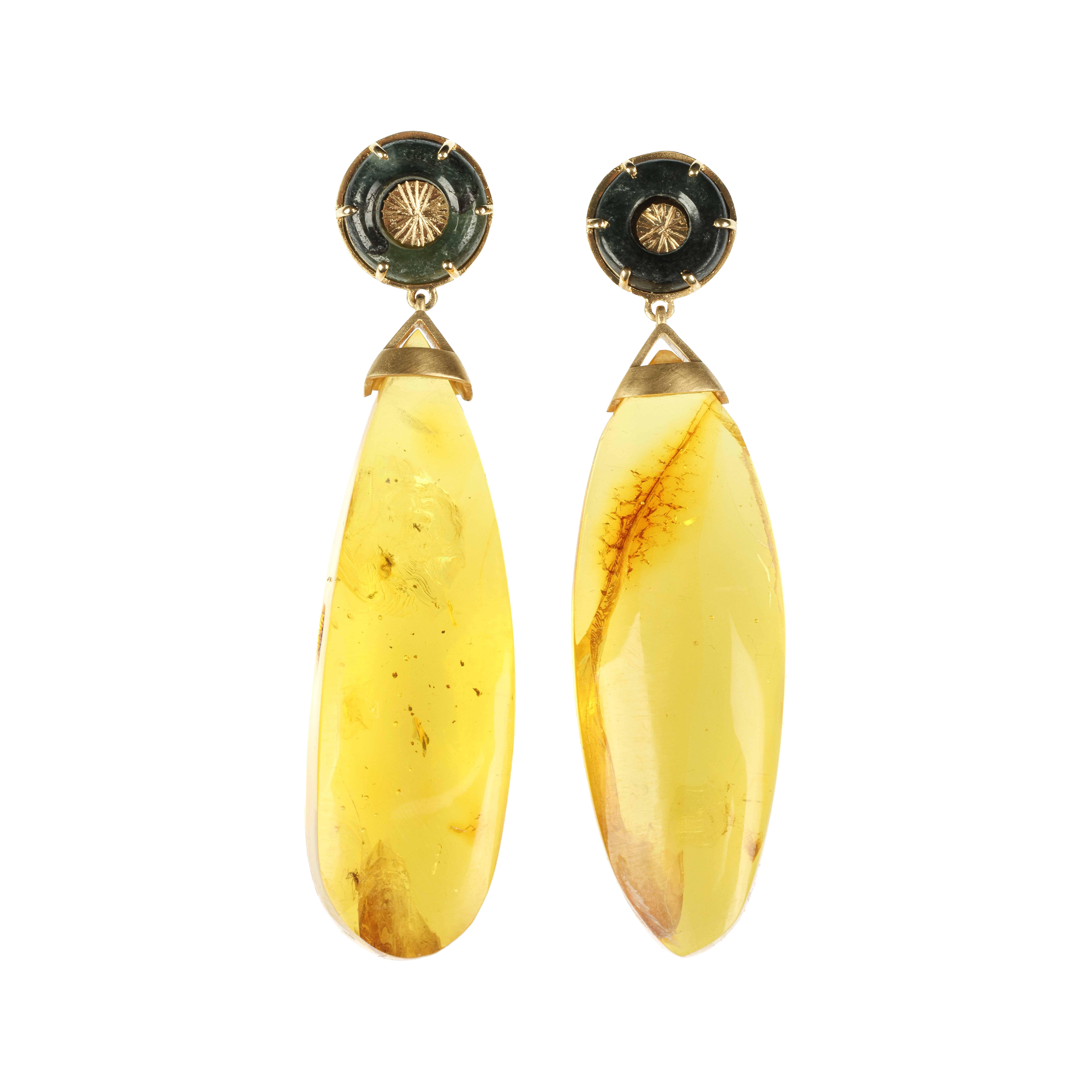 baltic amber drop earrings transparent jade green 18k yellow gold
