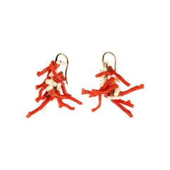 red coral sprig earrings  and white mounted on 18k gold chains
