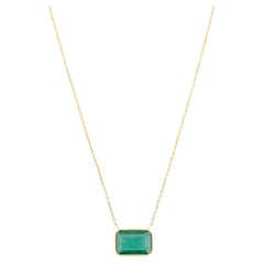 3.08 Carat Octagon Cut Emerald Solitaire Chain Necklace in 14k Solid Yellow Gold
