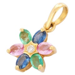 Colgante Flor de zafiro múltiple y esmeralda en oro amarillo macizo de 18 quilates