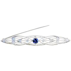 Edwardian Antique Diamond Platinum Bar Pin with 1 Carat Sapphire