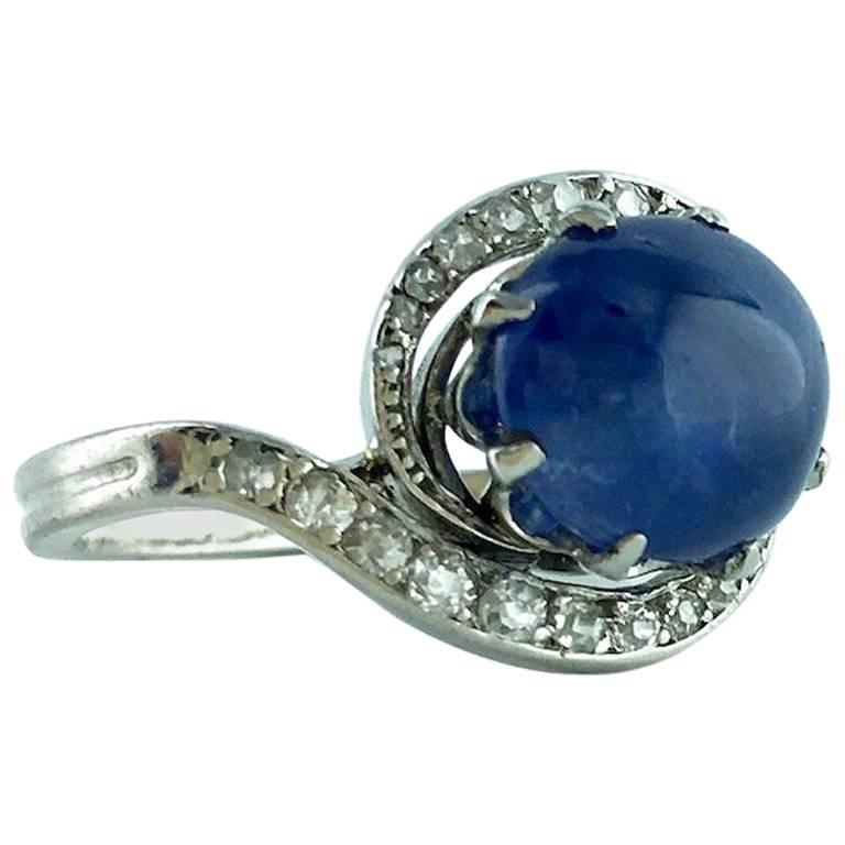 1900s French Cabochon Sapphire Diamond Platinum Ring
