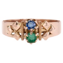 Antique French 20th Century Emerald Sapphire 18 Karat Rose Gold You and Me Ring