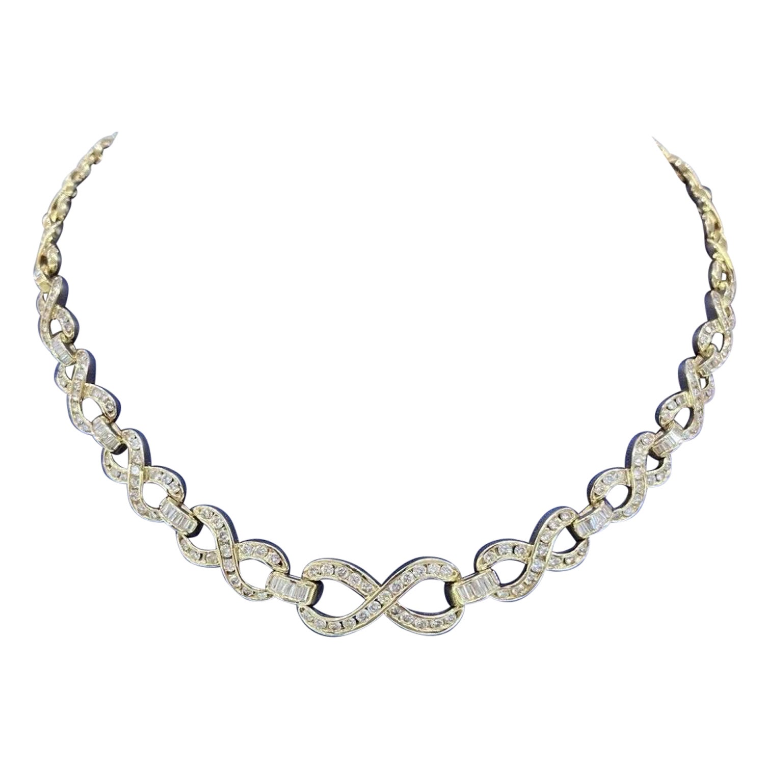 14k Yellow Gold 3ct Round & Baguette Diamond Infinity Link Necklace